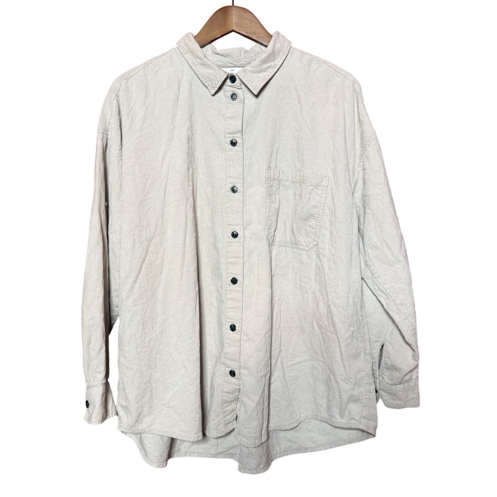 HM LOGG Men Large Beige Corduroy Button Down Shirt Oversized Long Sleeve Cotton